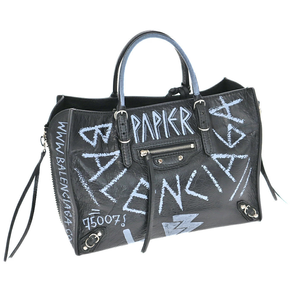 BALENCIAGA Paper Shoulder Bag Leather Graffiti Black Blue Cool Gray Handbag